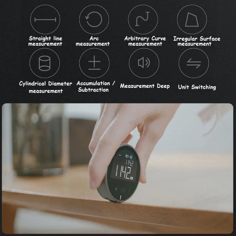 Digital tape measure feature icons for straight line, arc, curve, and surface measurement