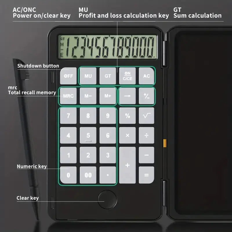 Black LCD calculator with backlit numeric keypad and side writing tablet