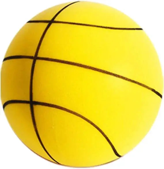 Yellow basketball with black panel lines and curved stripe marking