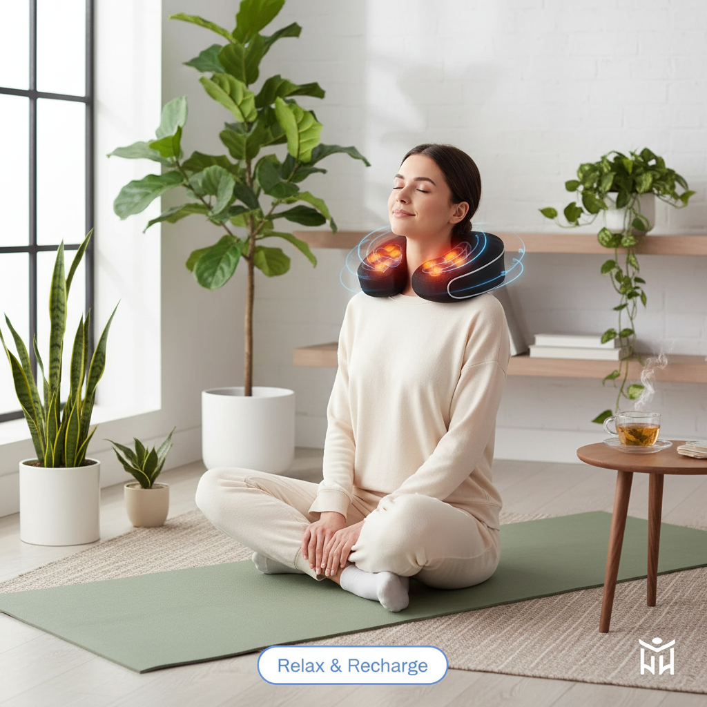 Neck and shoulder massager worn around the neck with visible heat glow effect