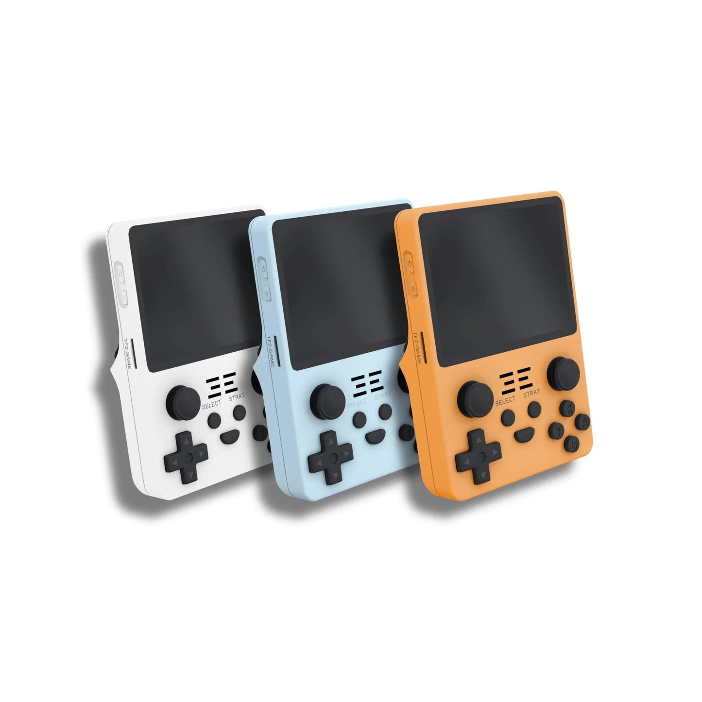 Three handheld gaming consoles in white, blue, and orange with front button layout