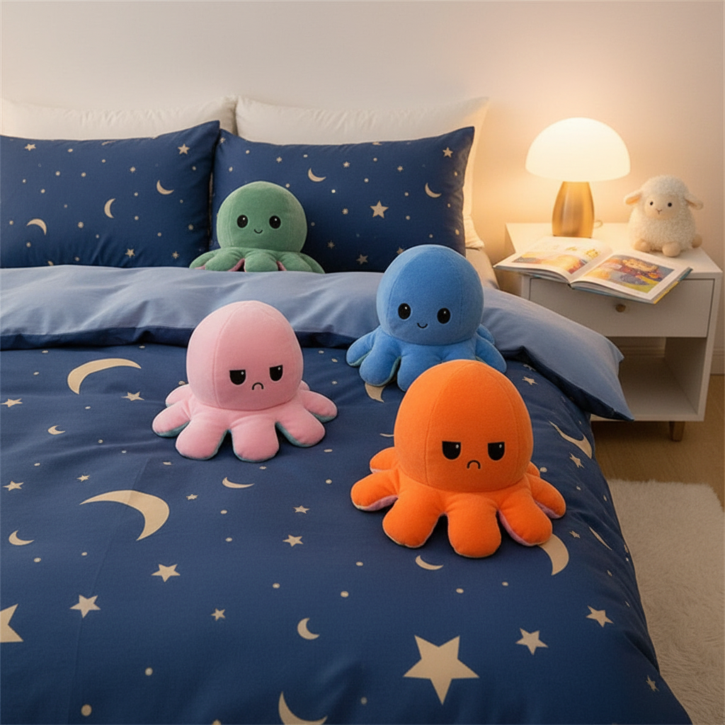 Plush octopus toys on a bed in green, pink, blue, and orange with friendly faces