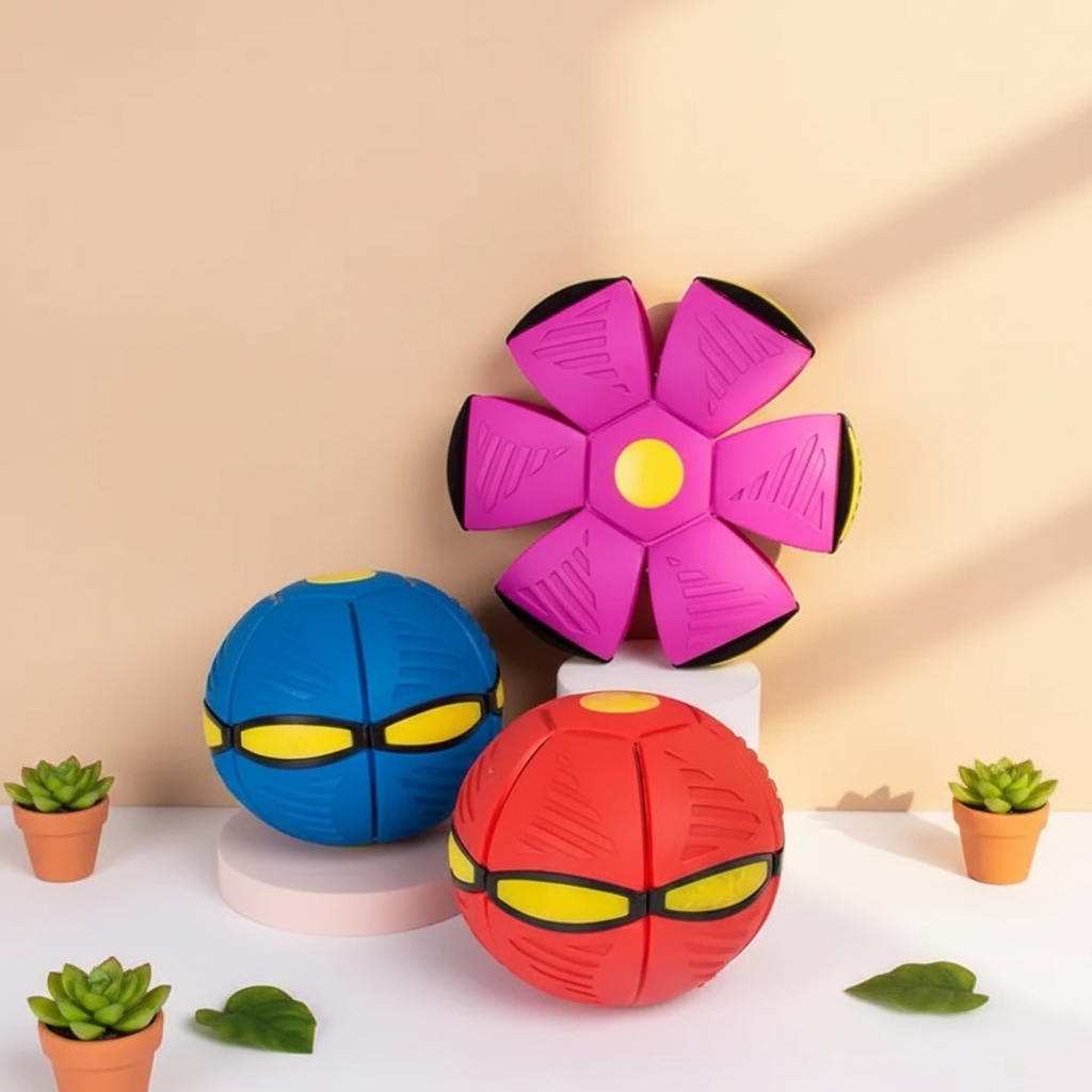 Dog frisbee, blue, red, and pink flower-ball design with yellow center