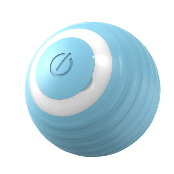 Rolling Ball Blue interactive dog and cat toy - close-up view of glossy blue and white ball