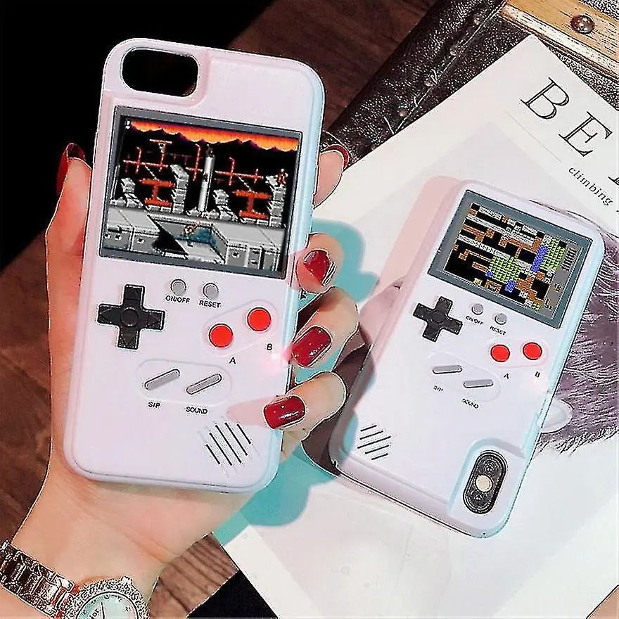 White game-style iPhone phone case with controller buttons and camera cutout