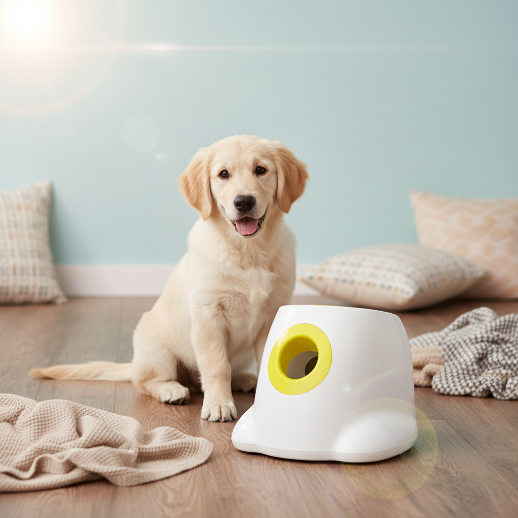 Ball launcher on floor with yellow opening, next to a seated golden retriever and ball.