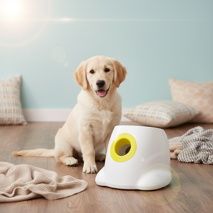 Ball launcher on floor with yellow opening, next to a seated golden retriever and ball.