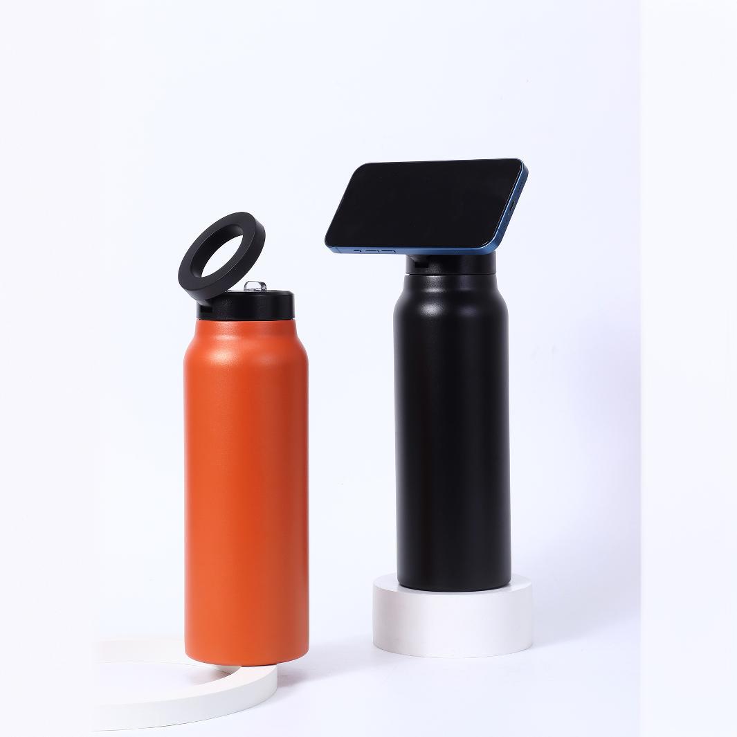 Offkind magnetic phone holder water bottle, insulated stainless steel, front view