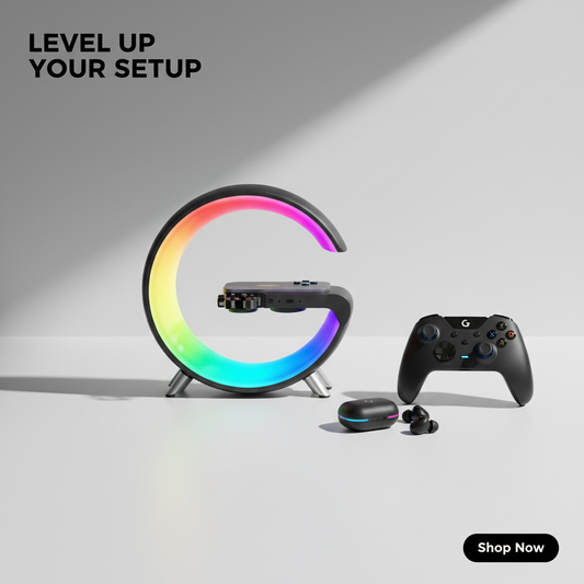 Charger Lamp with rainbow LED ring glow and charging dock on three-foot stand