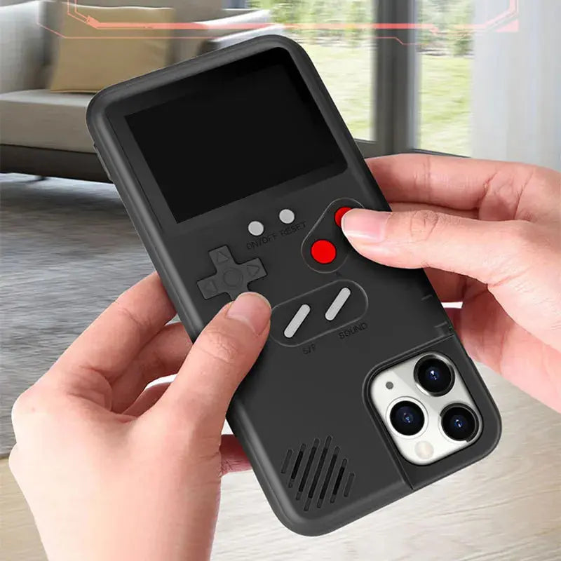 Black game-style iPhone phone case with D-pad, red buttons, and dual camera cutout
