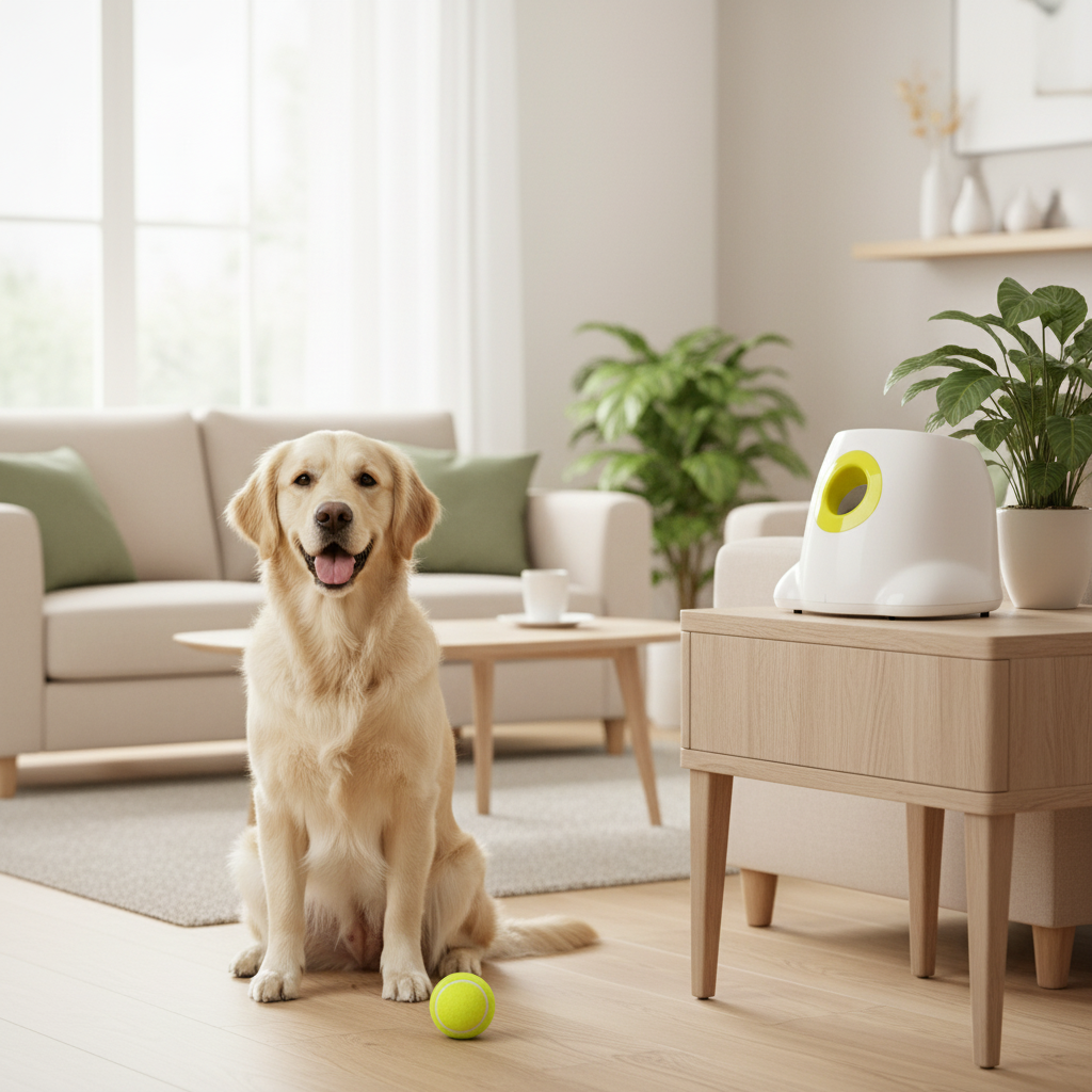 Ball launcher with yellow opening next to a sitting dog and a green tennis ball.