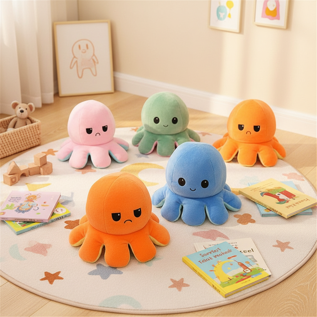 Plush octopus toys in pink, green, blue, and orange with smiling stitched faces
