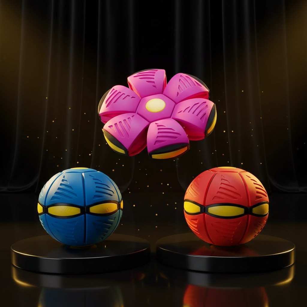 Dog frisbee flower-ball with pink petals plus blue and red balls with yellow centers