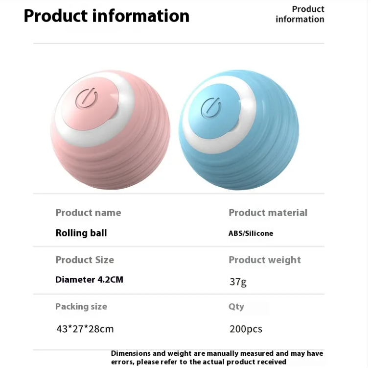 Product specifications infographic for rolling ball toy - 4.2cm diameter, 37g, ABS silicone