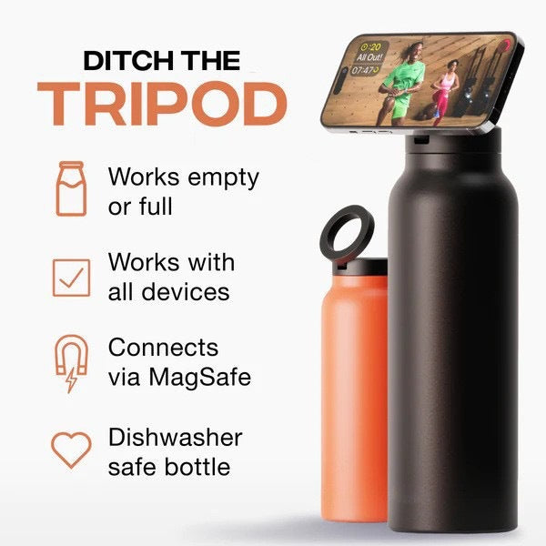 Magnetic phone mount on water bottle lid holding a smartphone hands-free