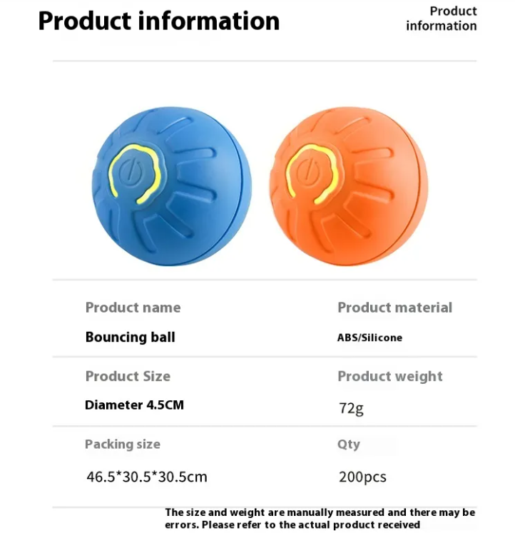 Product specifications infographic for interactive bouncing ball toy - 4.5cm diameter, 72g, ABS silicone