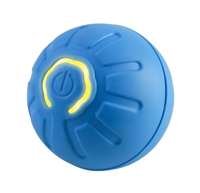 Jumping Ball Blue - close-up of textured silicone dog toy ball with yellow handle detail