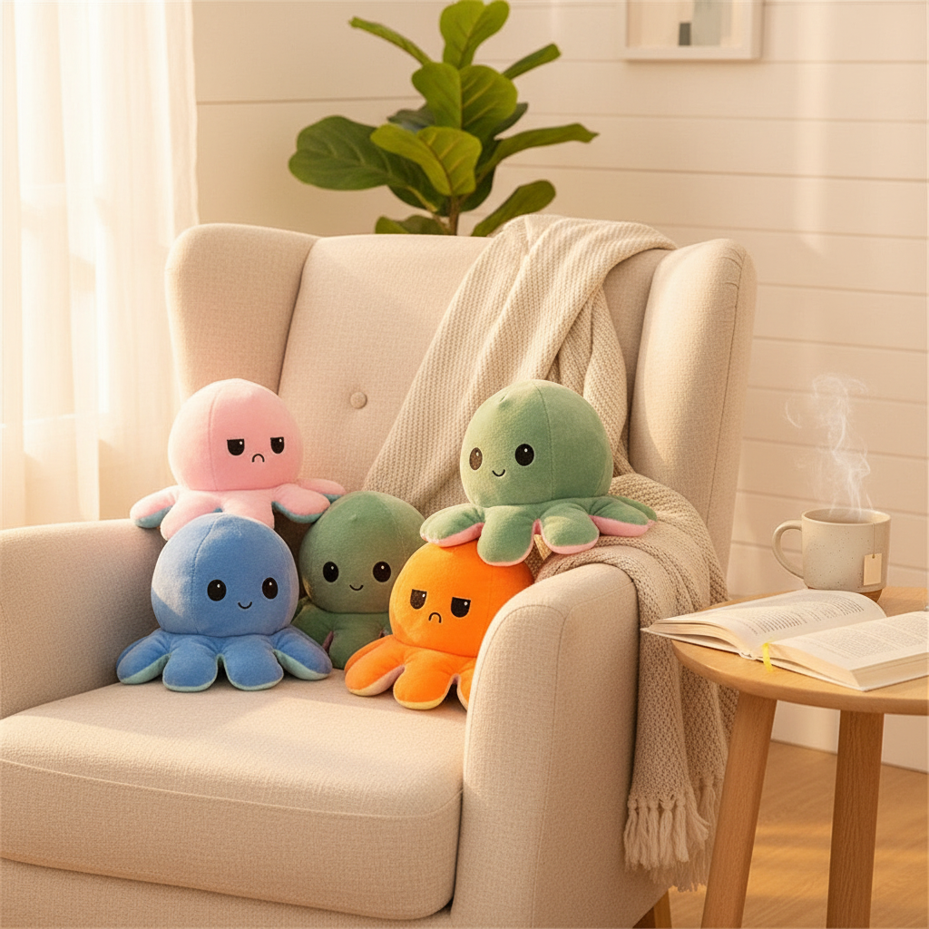 Plush octopus toys on a chair: pink, green, blue, and orange with stitched eyes