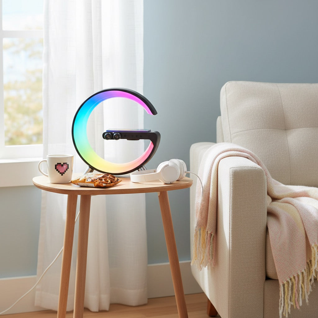 Charger Lamp on side table with rainbow LED ring and charging dock