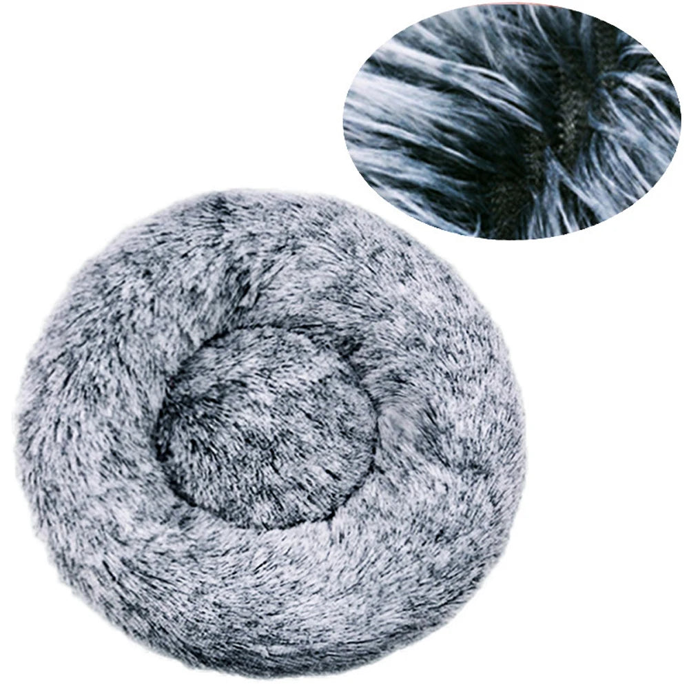 Round plush calming pet bed in grey speckled faux fur with color swatch close-up