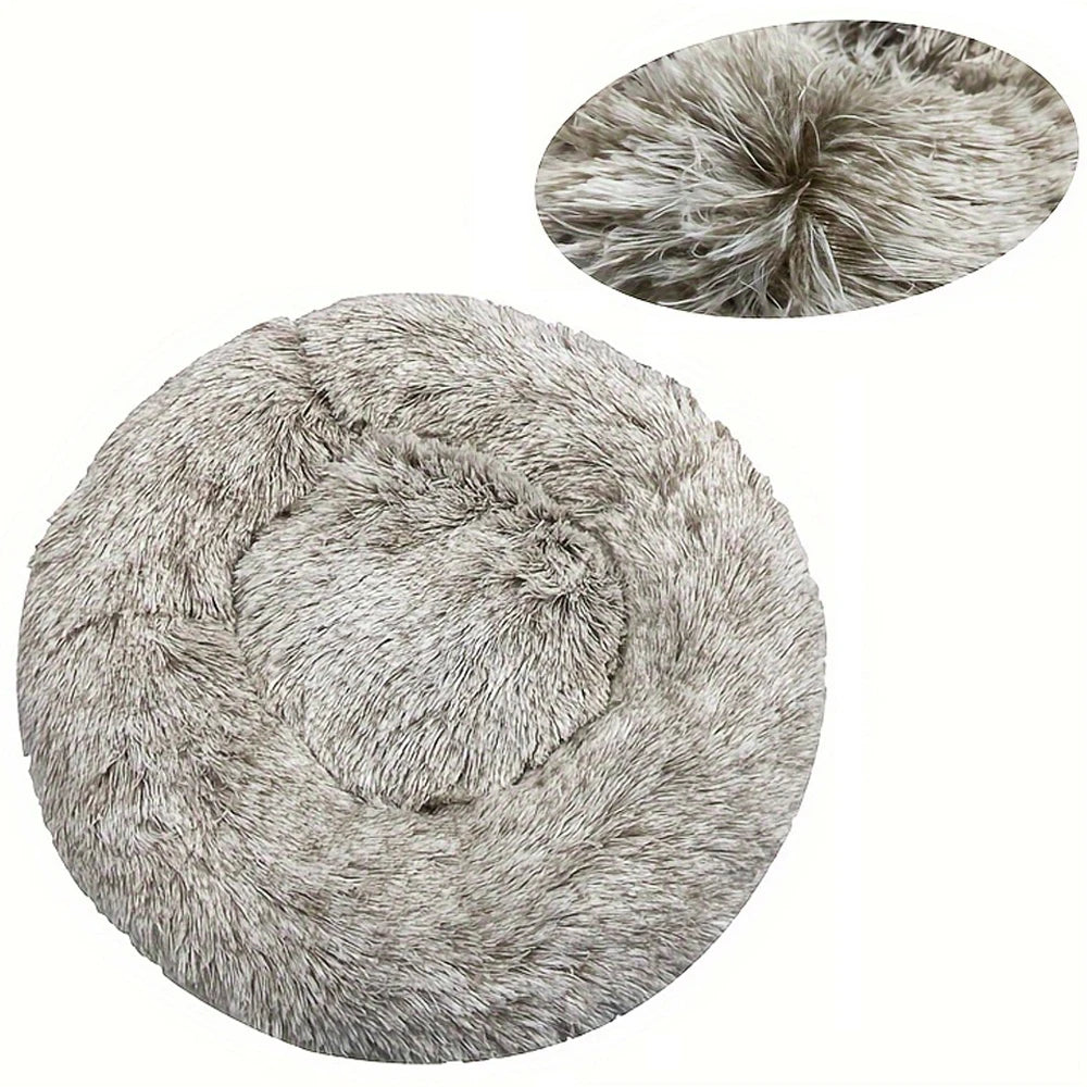 Round plush calming pet bed in beige speckled faux fur with color swatch close-up