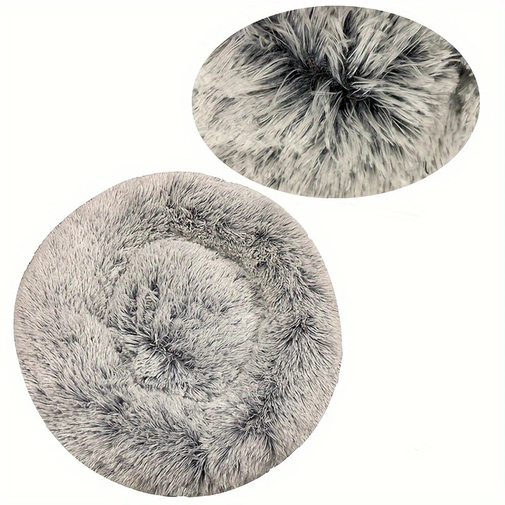 Round plush calming pet bed in black and white speckled faux fur with color swatch close-up