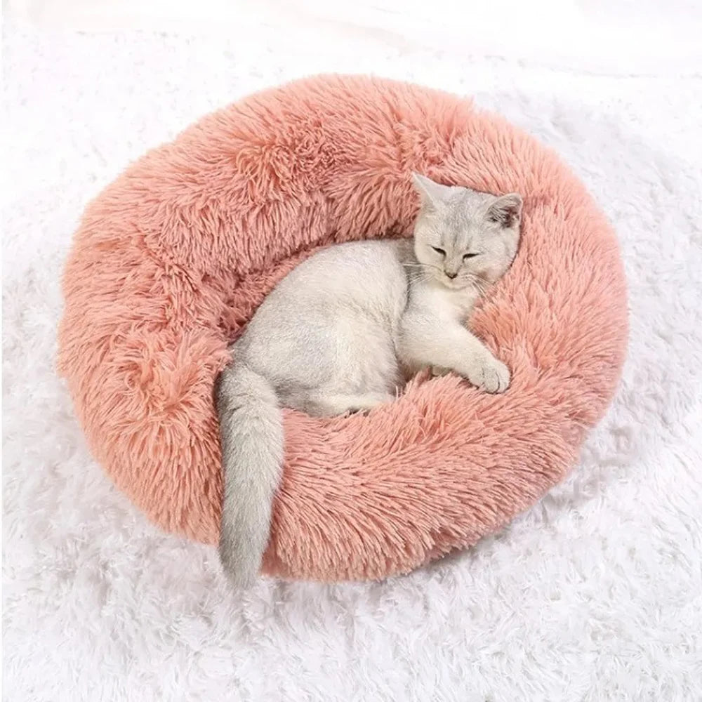 White cat sleeping in a pink round plush calming pet bed