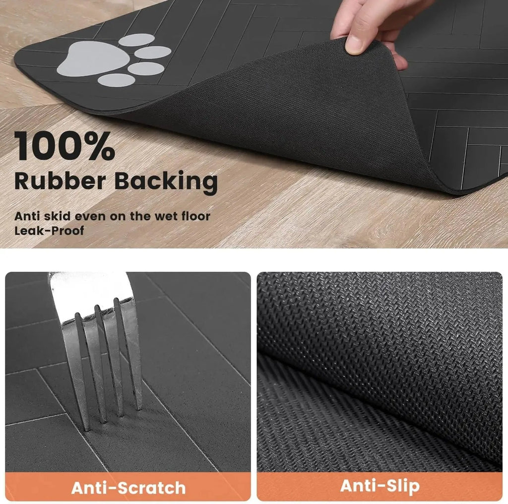 Infographic showing the pet feeding mat's 100% rubber backing, anti-scratch, and anti-slip leak-proof features