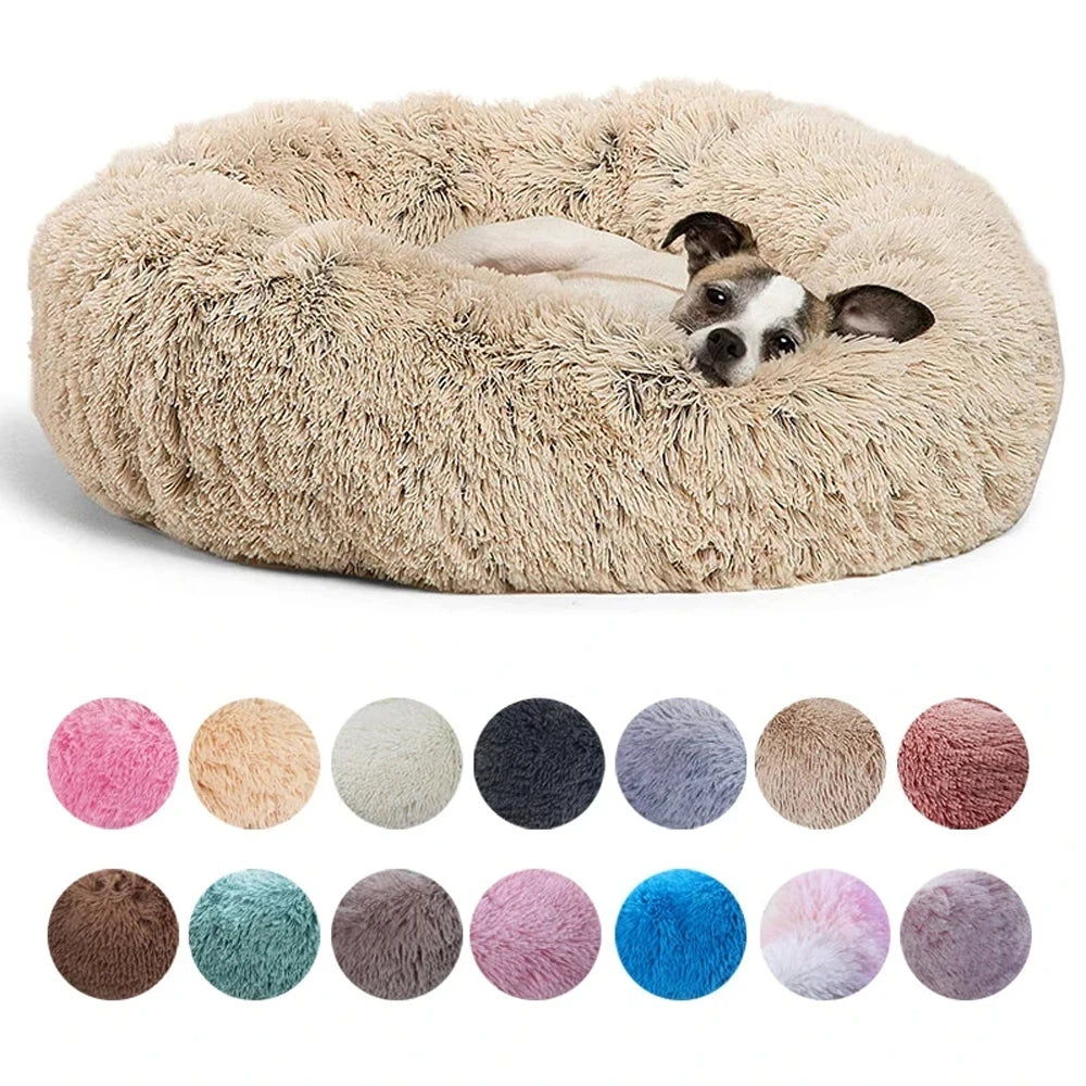 Round plush calming dog bed shown with available faux fur color swatch options