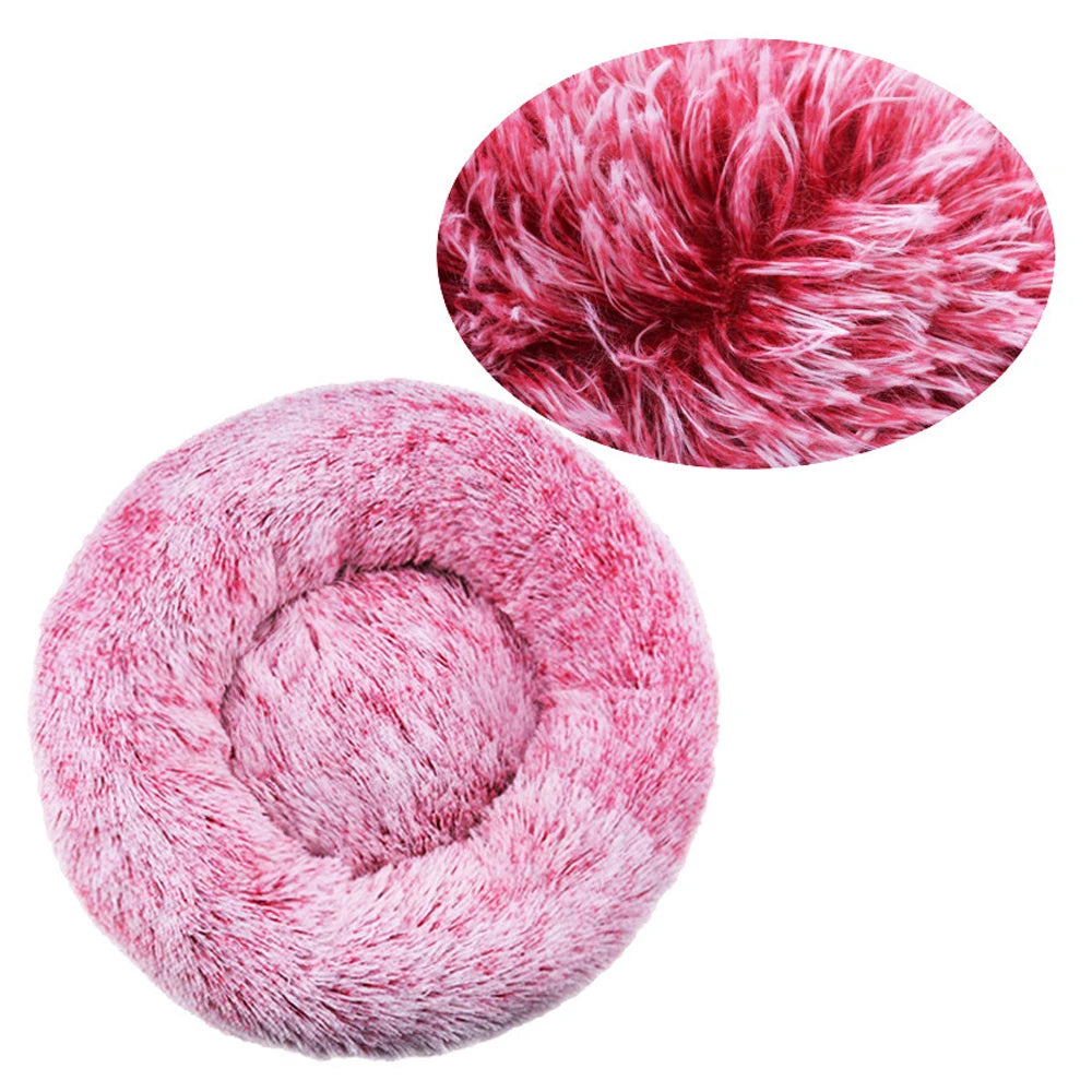 Round plush calming pet bed in rose pink speckled faux fur with color swatch close-up