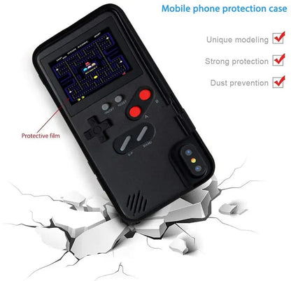 Black game-style iPhone phone case with screen window, D-pad, and red control buttons