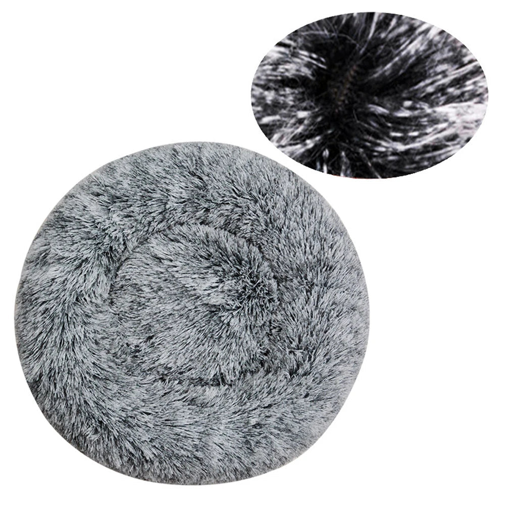 Round plush calming pet bed in salt-and-pepper grey faux fur with color swatch close-up