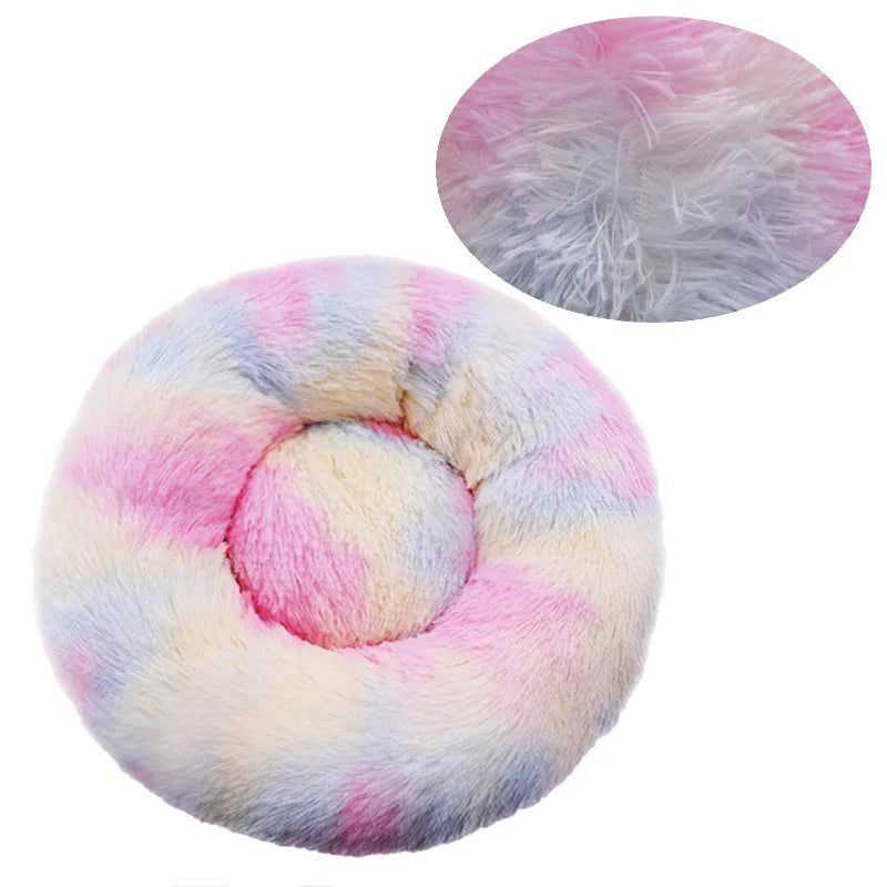 Round plush calming pet bed in tie-dye rainbow faux fur with color swatch close-up