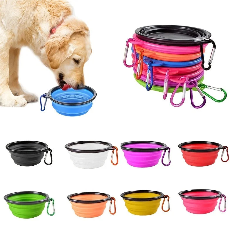 Collapsible silicone travel bowl for dogs and cats shown in eight available colors