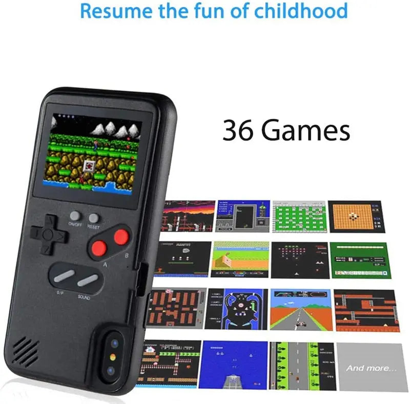 Black game-style iPhone phone case with screen window, D-pad, and red control buttons