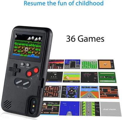 Black game-style iPhone phone case with screen window, D-pad, and red control buttons