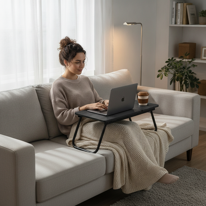 Adjustable lap desk supporting a laptop, showing tilt angle settings — Offkind