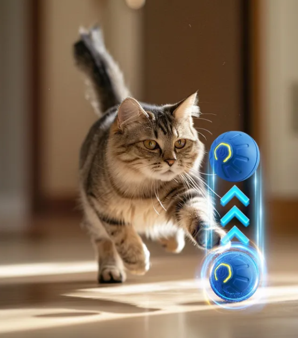 Cat playing with interactive rolling playball toy that jumps and bounces automatically indoors