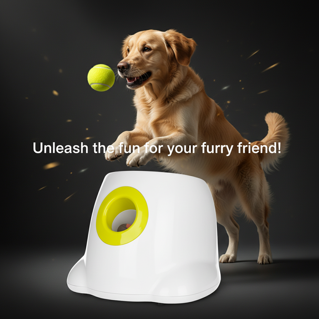 Ball launcher with yellow opening, releasing a green tennis ball in front of a dog.