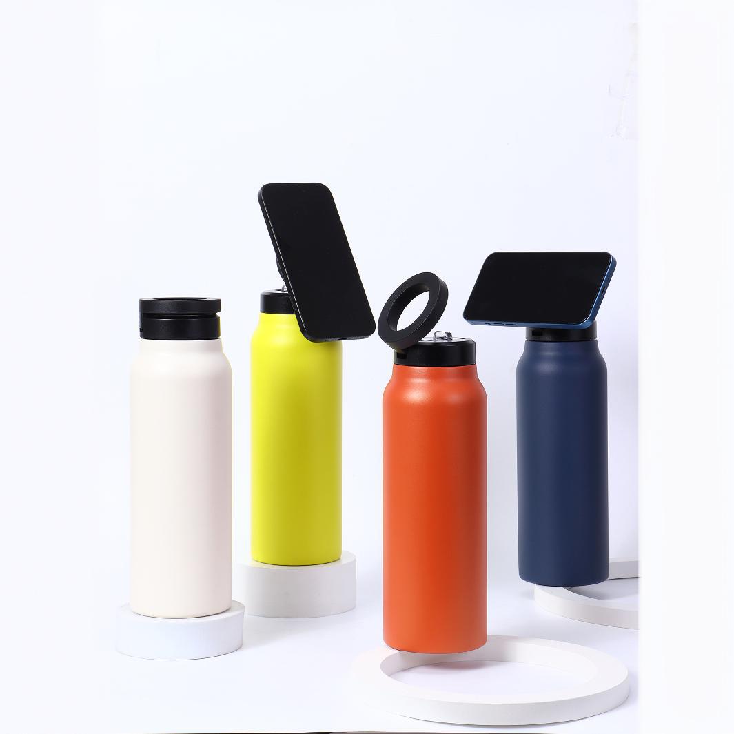 720ml stainless steel sports tumbler with magnetic phone mount, side angle