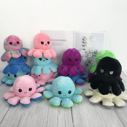 Plush octopus toys in multiple colors, including black, pink, green, blue, and purple