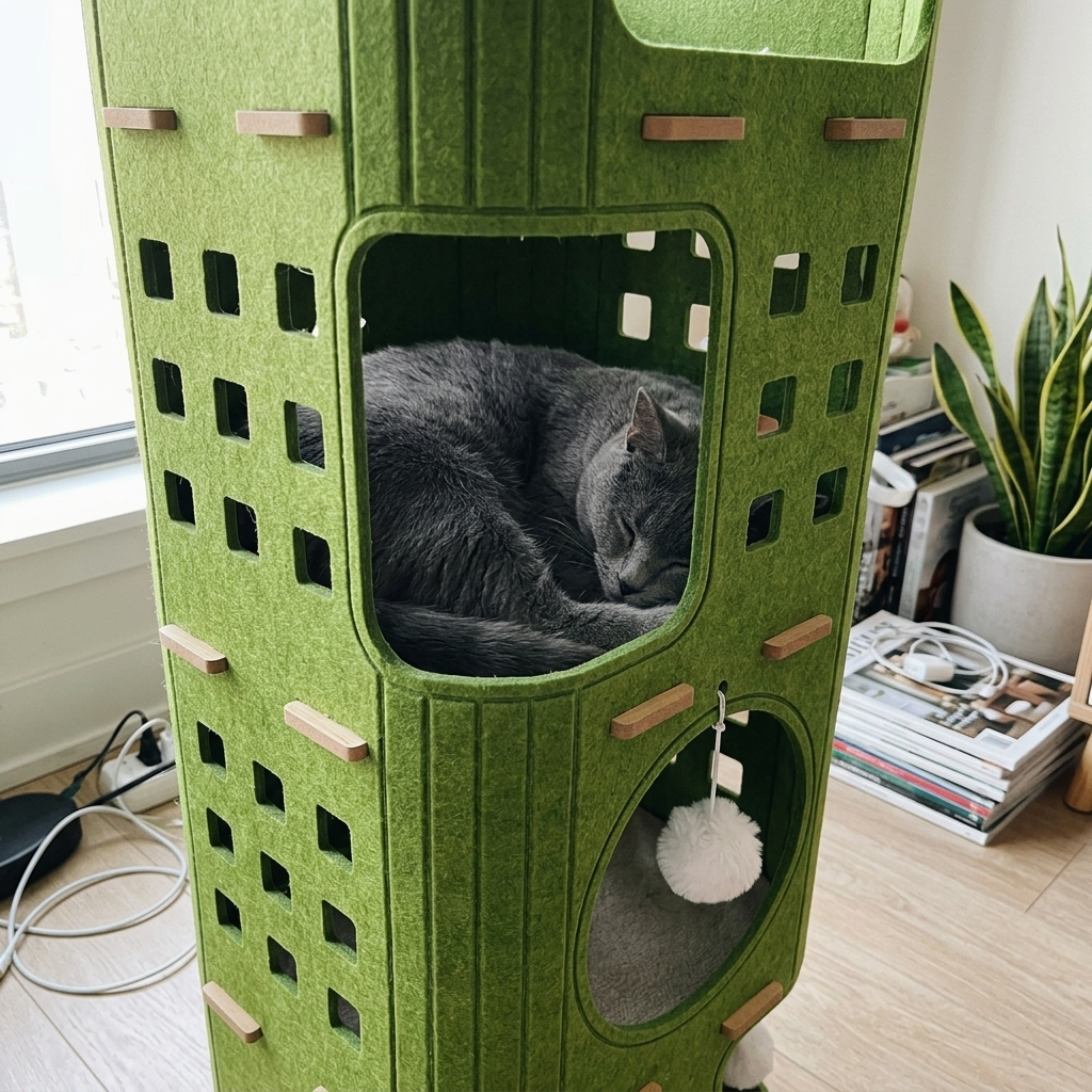 Cat napping on a shelf of the multi-level cat tree