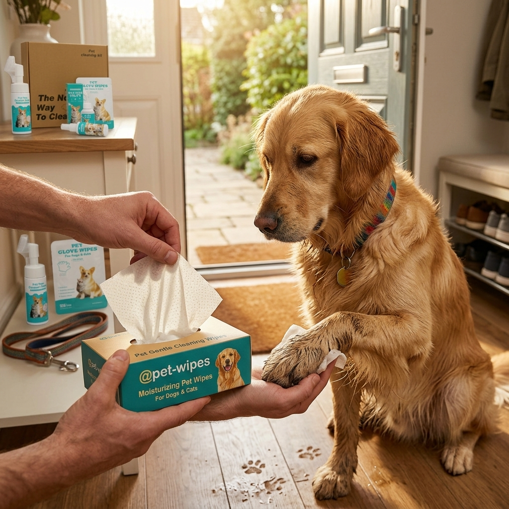 Cleaning a dog's paw with the moisturizing pet wipes after a walk