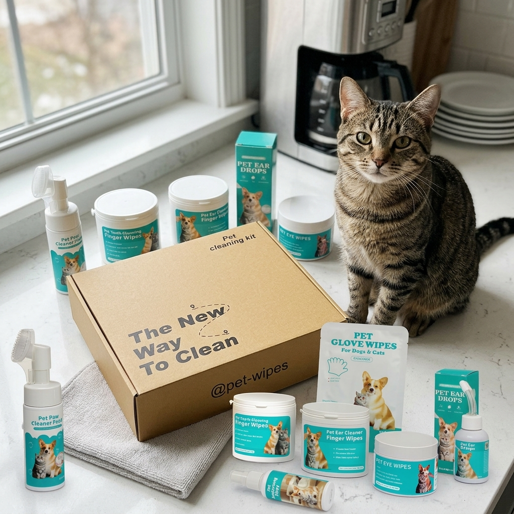 Pet cleaning wipes gift box on the kitchen counter with a clean cat