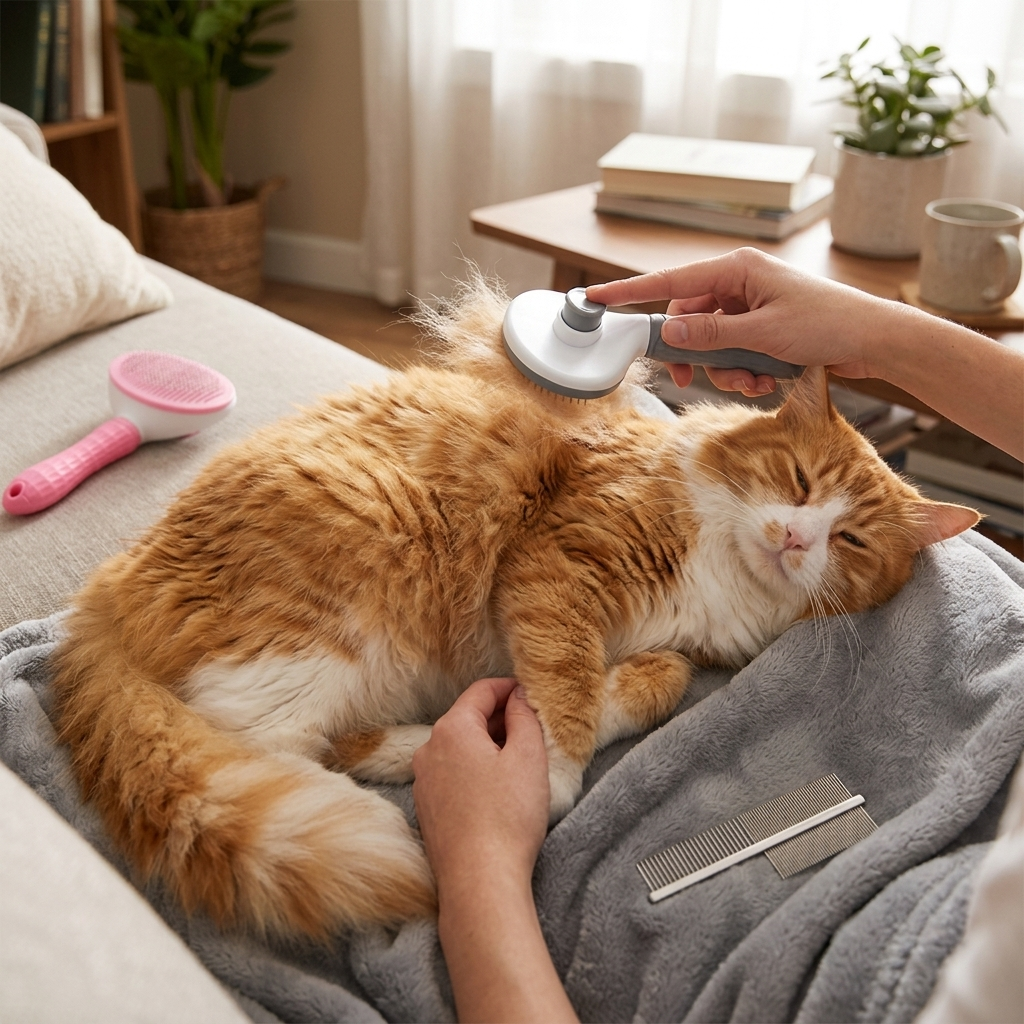 Grooming a cat with the deshedding and flea comb set