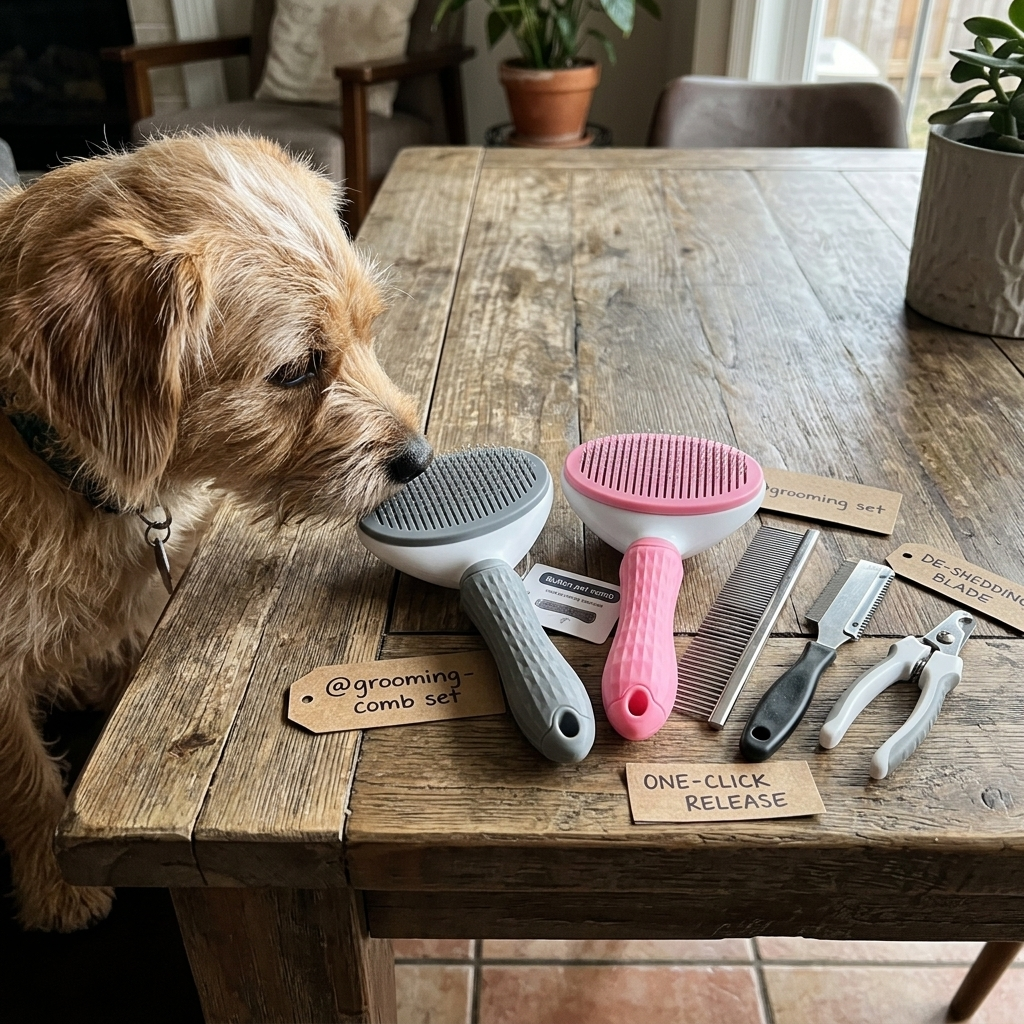 Pet grooming comb set on a table with a curious dog