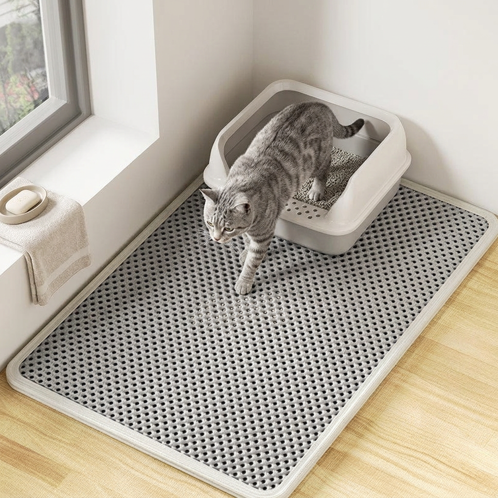 Cat stepping off the litter box onto the splash-proof litter mat