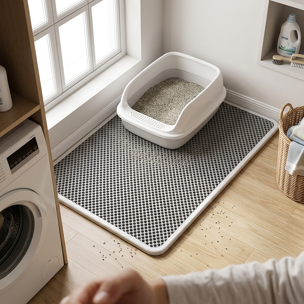 Splash-proof litter mat placed under a litter box in a tidy laundry room