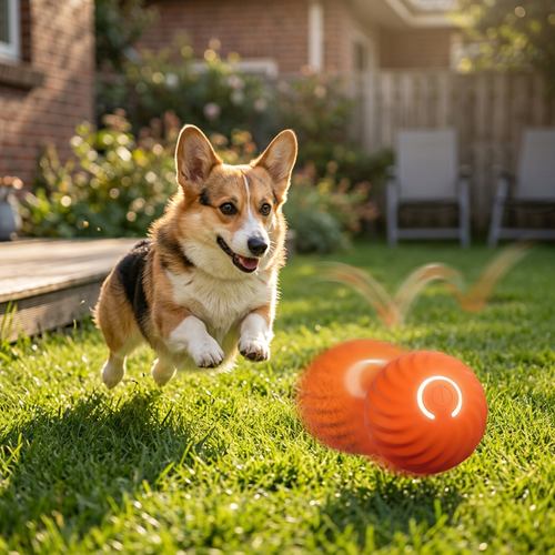 Dog chasing the bouncing gravity ball across the backyard
