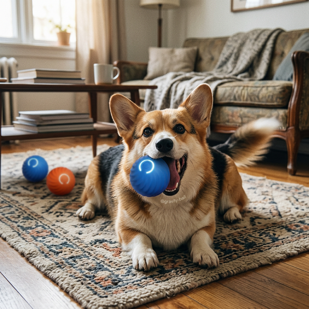 Happy dog holding the bouncing gravity ball chew toy